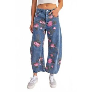 NWT Women's Floral Print Denim Barrel Wide Leg Jeans Crop High Waisted. Sz- S